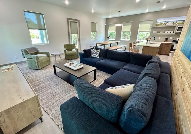 living room with light wood-type flooring and sink