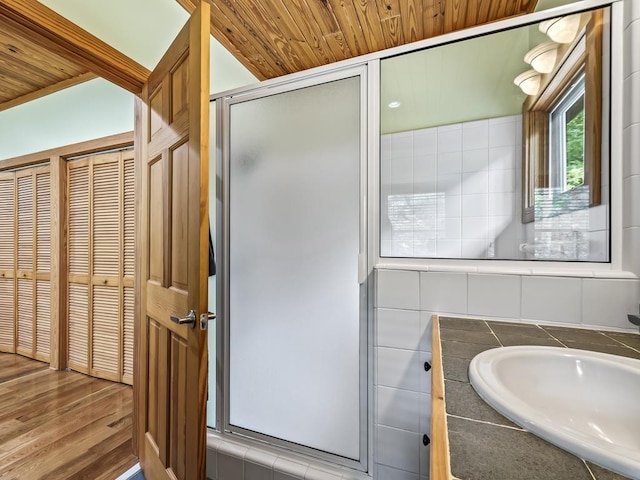 bathroom with wood ceiling, sink, walk in shower, and hardwood / wood-style flooring