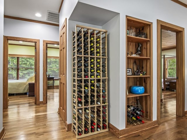 wine room with plenty of natural light and light hardwood / wood-style floors