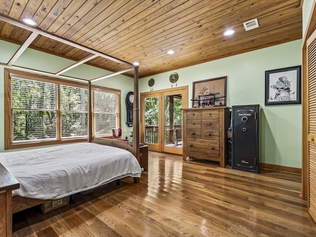 bedroom featuring hardwood / wood-style floors, access to outside, wooden ceiling, and french doors