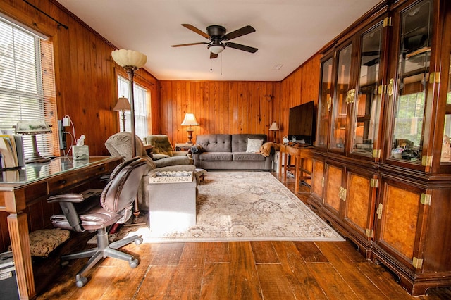 319 Gaile Ave, Tallahassee, FL 32305 - office area featuring wood walls, dark wood-style flooring, and a ceiling fan