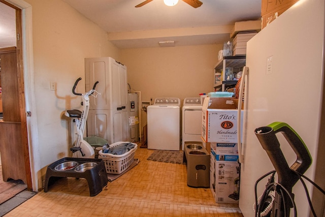 319 Gaile Ave, Tallahassee, FL 32305 - washroom featuring laundry area, brick patterned floor, ceiling fan, electric water heater, and separate washer and dryer