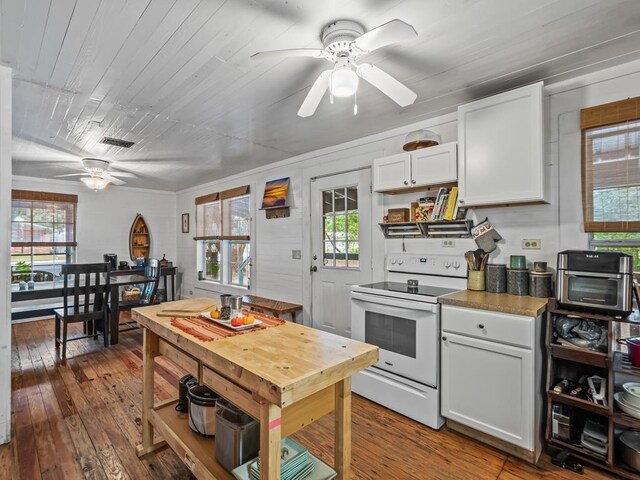 kitchen featuring white cabinetry, a wealth of natural light, dark hardwood / wood-style floors, and white electric range oven