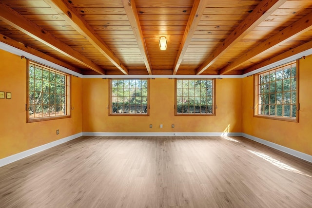 spare room with light wood-type flooring, wooden ceiling, and beam ceiling