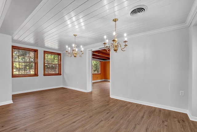 unfurnished dining area with crown molding, a notable chandelier, hardwood / wood-style flooring, and wood ceiling