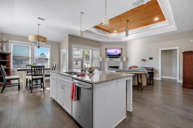 kitchen featuring stainless steel dishwasher, hanging light fixtures, a kitchen island with sink, wood ceiling, and white cabinets