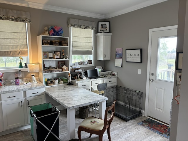 322 Graceland Rd, Chattahoochee, FL 32324 - kitchen with light wood-type flooring, ornamental molding, light countertops, and white cabinetry
