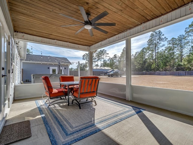 sunroom / solarium featuring wooden ceiling and ceiling fan