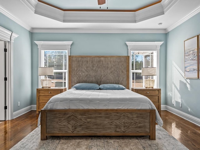 bedroom with a raised ceiling, dark hardwood / wood-style flooring, and multiple windows