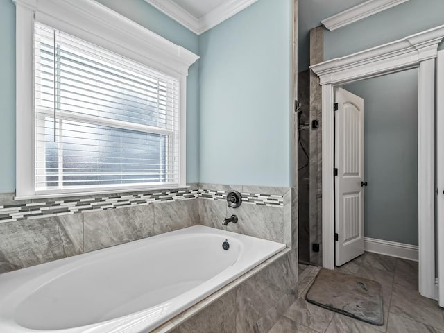 bathroom with crown molding and plus walk in shower