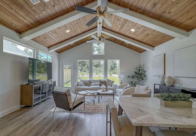 living room featuring wooden ceiling and plenty of natural light