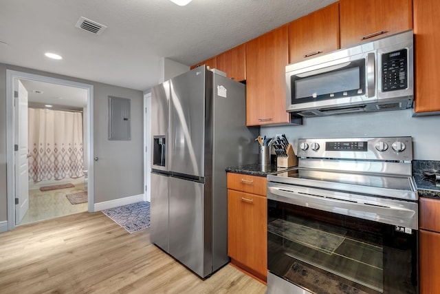 300 S Duval St # 1408, Tallahassee, FL 32301 - kitchen with appliances with stainless steel finishes, light wood finished floors, electric panel, brown cabinets, and recessed lighting