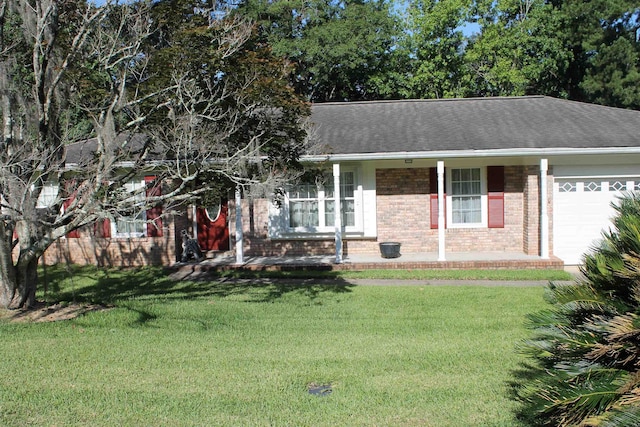 1082 Richardson Rd, Tallahassee, FL 32301 - ranch-style home with brick siding, an attached garage, a front lawn, covered porch, and a shingled roof