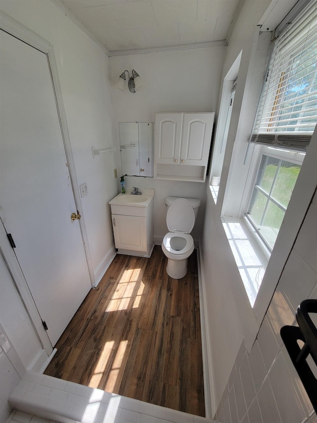 16619 SW Gaskin St, Blountstown, FL 32424 - bathroom featuring ornamental molding, wood finished floors, toilet, vanity, and baseboards