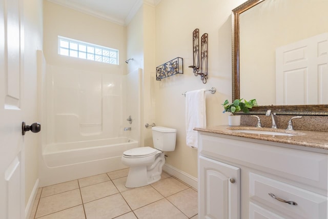 full bathroom featuring toilet, tile patterned floors, washtub / shower combination, ornamental molding, and vanity