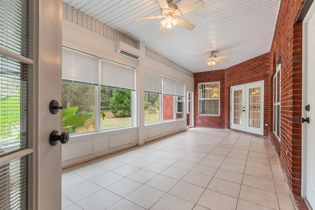 unfurnished sunroom featuring a wall unit AC, french doors, ceiling fan, and wood ceiling