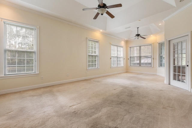 carpeted empty room with ornamental molding and ceiling fan