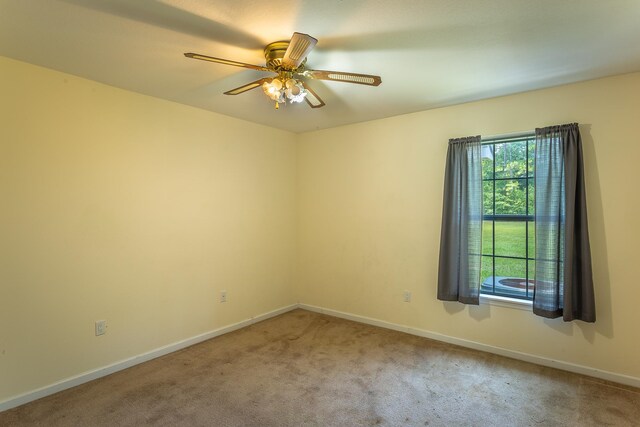 empty room featuring ceiling fan and carpet