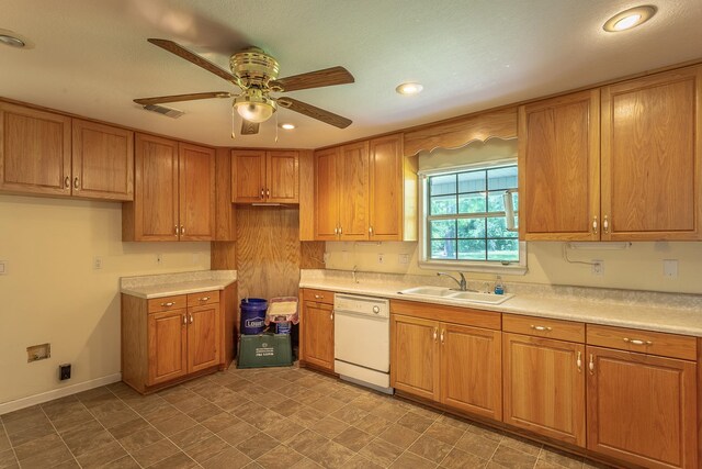 kitchen featuring ceiling fan, sink, and dishwasher