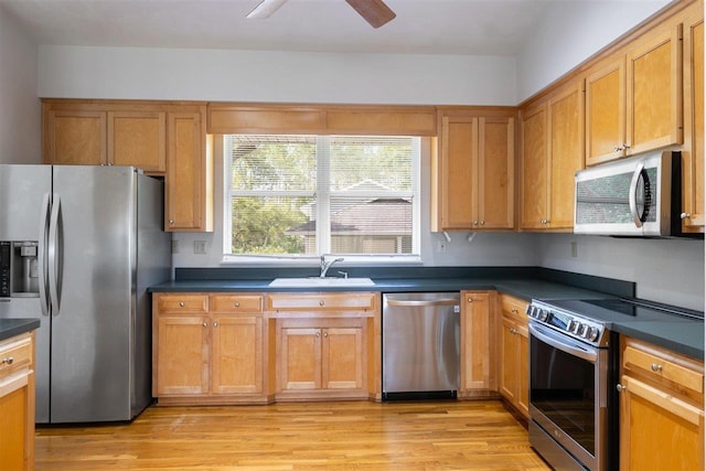 kitchen featuring ceiling fan, sink, light wood-type flooring, and appliances with stainless steel finishes