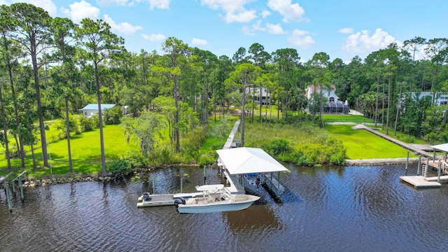 dock area with a yard and a water view