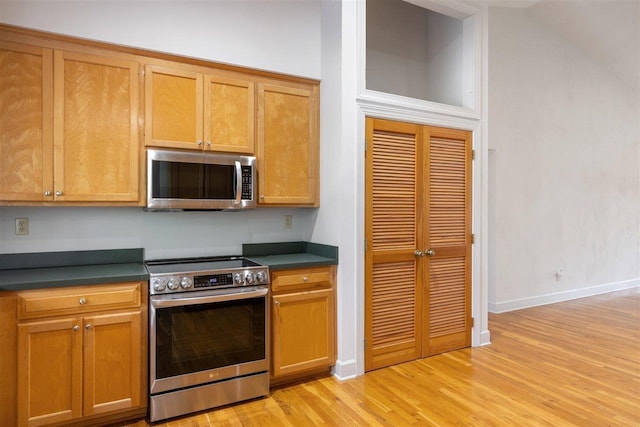 kitchen featuring stainless steel appliances and light hardwood / wood-style flooring