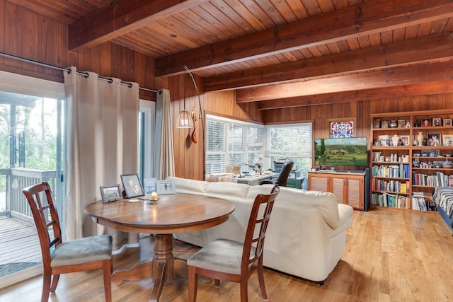 dining room with hardwood / wood-style flooring, plenty of natural light, and wooden walls