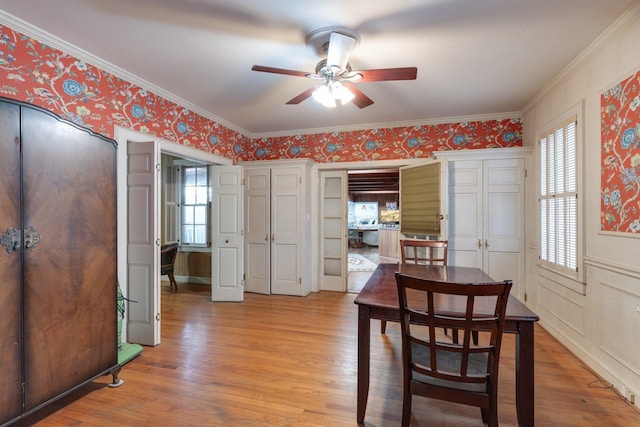 dining area with ceiling fan, light hardwood / wood-style floors, and ornamental molding