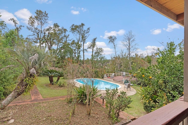 view of pool featuring a yard