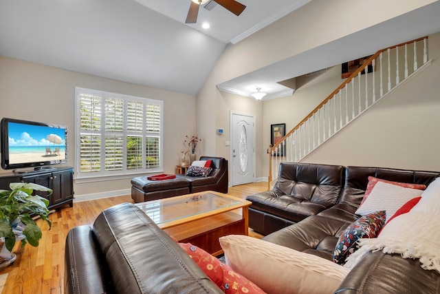 2031 Windsor Oaks Ct, Tallahassee, FL 32308 - living room with vaulted ceiling, baseboards, a ceiling fan, stairway, and light wood-style flooring