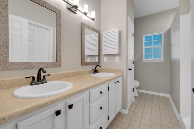 bathroom featuring vanity, toilet, and tile patterned flooring