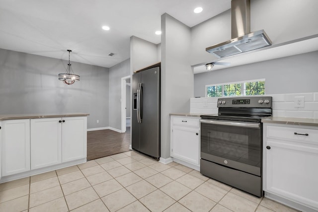 kitchen featuring light tile patterned flooring, decorative light fixtures, white cabinets, island exhaust hood, and stainless steel appliances