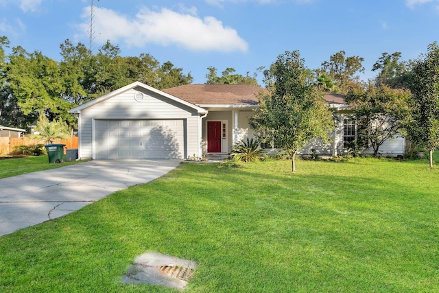 ranch-style home with a garage, central AC unit, and a front yard