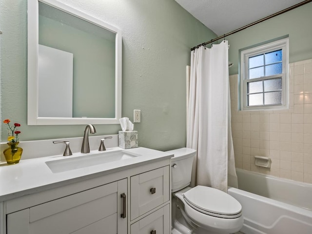 full bathroom with toilet, vanity, and shower / bathtub combination with curtain