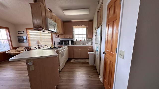 kitchen with sink, white appliances, light hardwood / wood-style flooring, a breakfast bar, and kitchen peninsula