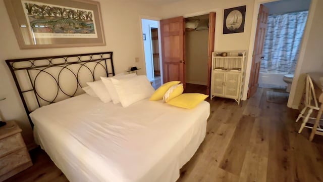 bedroom featuring wood-type flooring and a closet