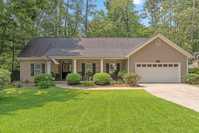 3524 Rosemont Ridge Rd, Tallahassee, FL 32312 - ranch-style home with brick siding, an attached garage, concrete driveway, a front lawn, and a shingled roof
