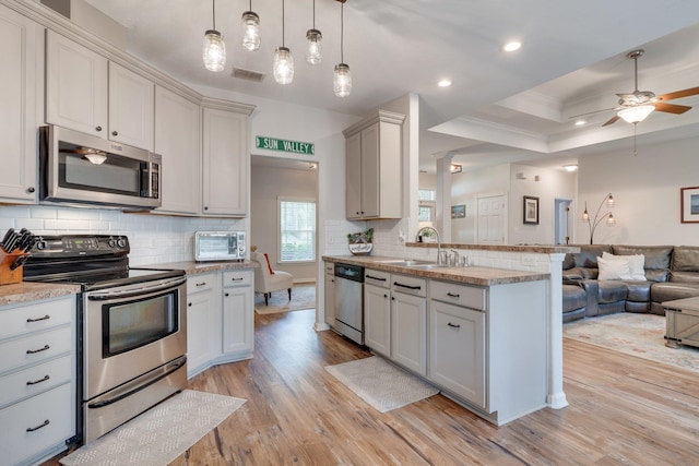 3524 Rosemont Ridge Rd, Tallahassee, FL 32312 - kitchen featuring stainless steel appliances, open floor plan, light wood finished floors, crown molding, and a peninsula