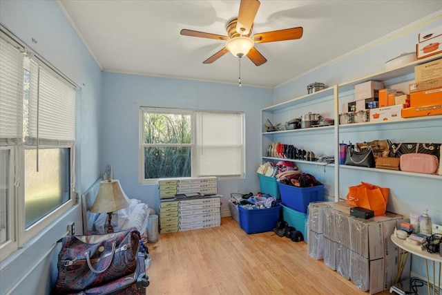 storage area featuring ceiling fan