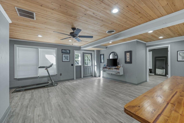 exercise room with ceiling fan, light wood-type flooring, wood ceiling, and ornamental molding