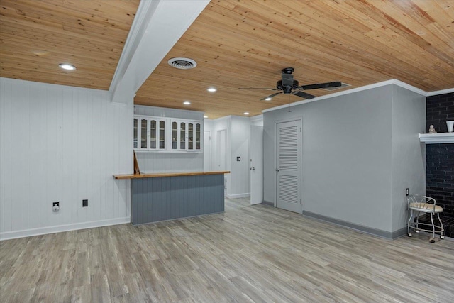 unfurnished living room featuring wooden ceiling, ceiling fan, ornamental molding, a fireplace, and light hardwood / wood-style floors