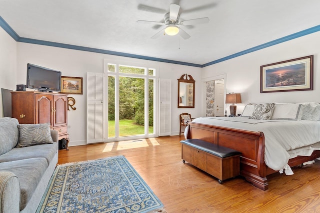 1244 Salem Rd, Havana, FL 32333 - bedroom with ornamental molding, light wood finished floors, baseboards, a ceiling fan, and access to outside