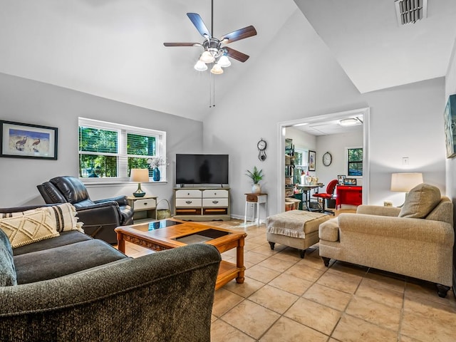 living room featuring high vaulted ceiling and ceiling fan