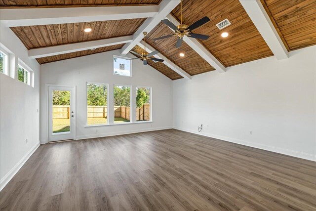 unfurnished living room with high vaulted ceiling, wood ceiling, dark wood-type flooring, beamed ceiling, and ceiling fan