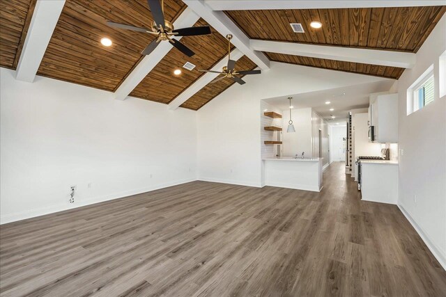 unfurnished living room featuring hardwood / wood-style floors, wood ceiling, high vaulted ceiling, and beam ceiling