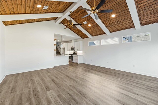 unfurnished living room with beamed ceiling, wooden ceiling, ceiling fan, and light hardwood / wood-style flooring