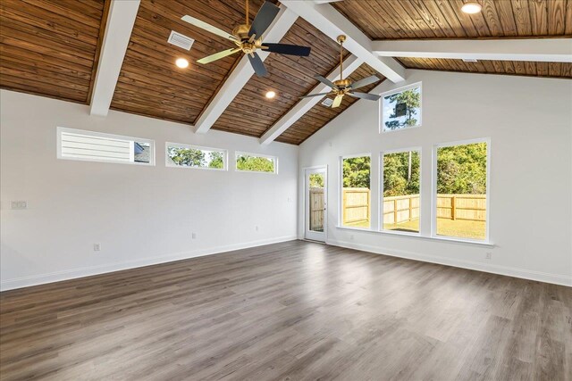 unfurnished room with a wealth of natural light, hardwood / wood-style floors, ceiling fan, and wood ceiling