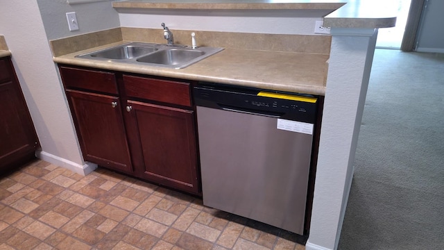 2801 Chancellorsville Dr Unit 1316, Tallahassee, FL 32312 - kitchen featuring stainless steel dishwasher, a sink, baseboards, light countertops, and brick patterned floors