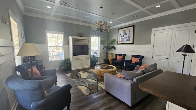 2801 Chancellorsville Dr Unit 1316, Tallahassee, FL 32312 - living room featuring coffered ceiling, dark wood-type flooring, crown molding, wainscoting, and a chandelier