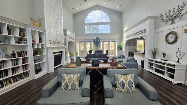 2801 Chancellorsville Dr Unit 1316, Tallahassee, FL 32312 - living room featuring a fireplace, high vaulted ceiling, dark wood finished floors, recessed lighting, and french doors